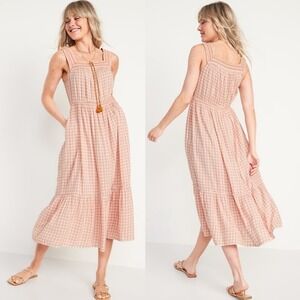 Old Navy Waist Defined Plaid‎ Gingham Maxi Dress Size Large Pink Tassel Easter